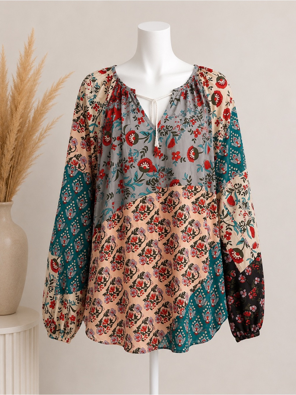 Boho Patchwork Floral Peasant Top - Multicolor